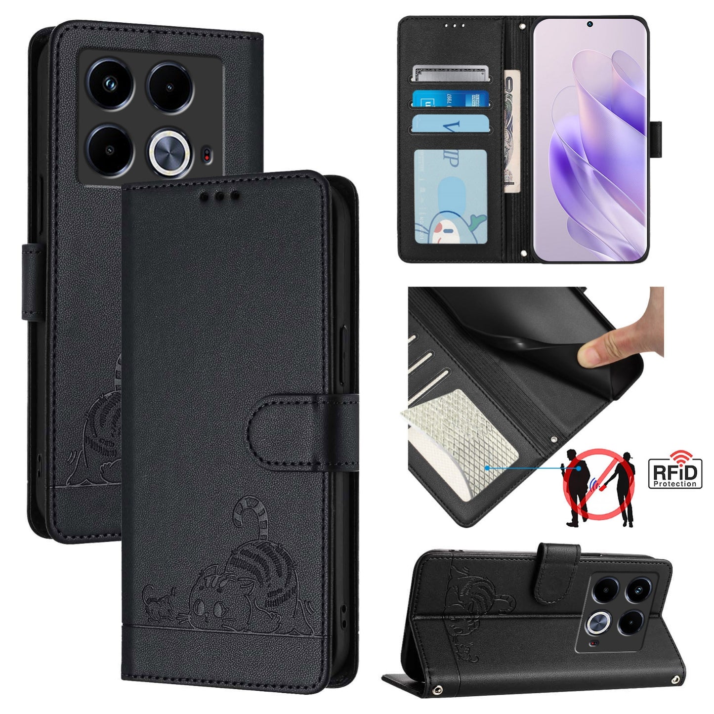 Infinix Note 40 5G Cat and Mouse Embossed PU Leather RFID Case with Wallet Slots, Anti-Fall Protection, Kickstand, and Lanyard-buycases.co.uk