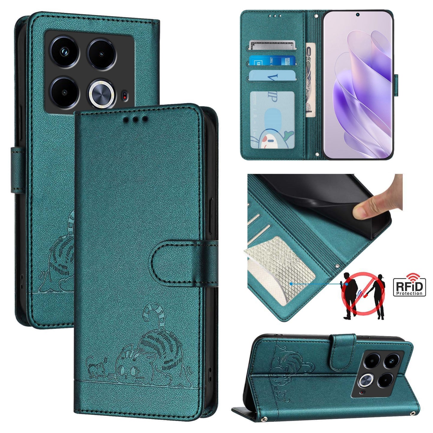 Infinix Note 40 5G Cat and Mouse Embossed PU Leather RFID Case with Wallet Slots, Anti-Fall Protection, Kickstand, and Lanyard-buycases.co.uk