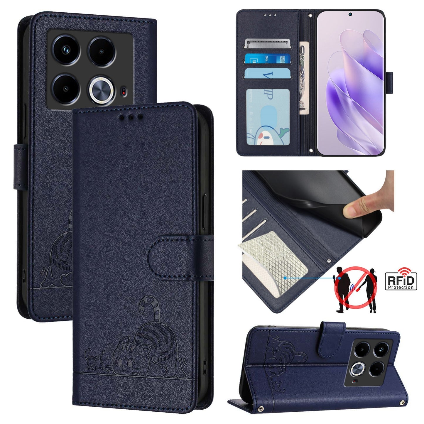 Infinix Note 40 5G Cat and Mouse Embossed PU Leather RFID Case with Wallet Slots, Anti-Fall Protection, Kickstand, and Lanyard-buycases.co.uk