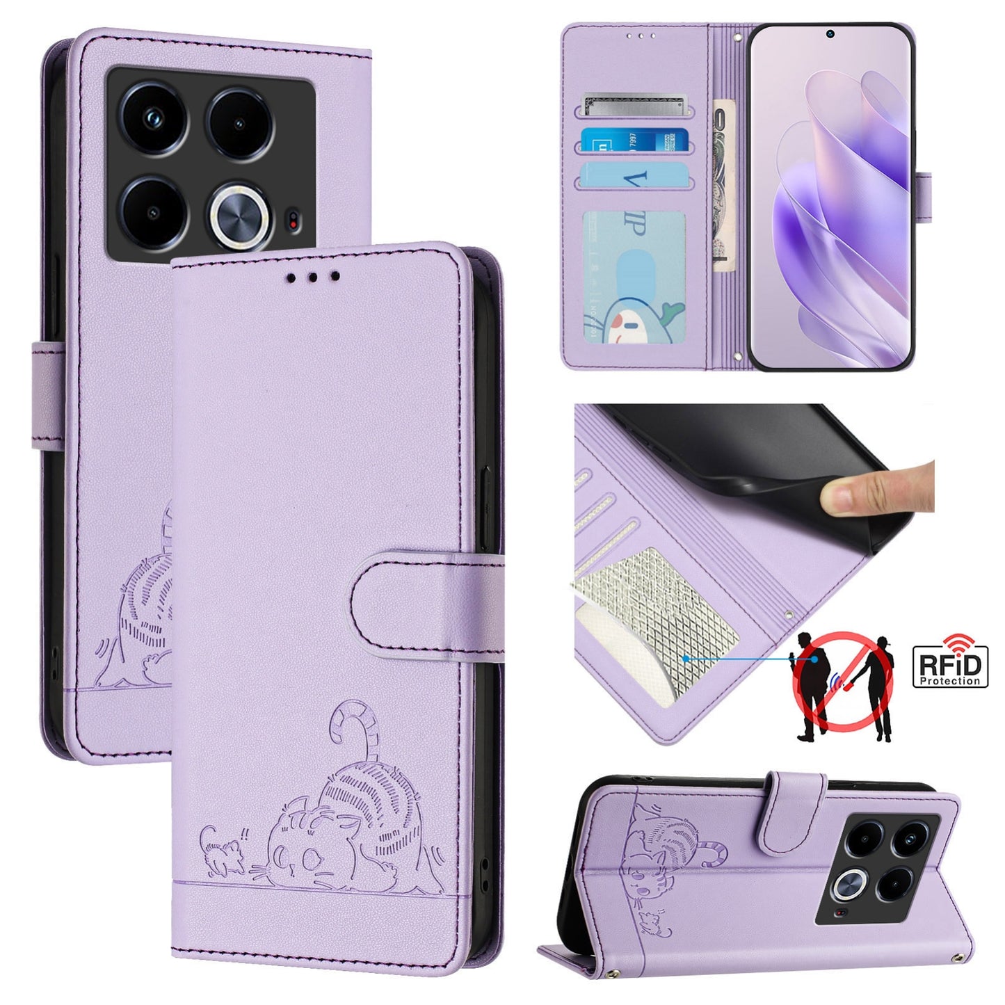 Infinix Note 40 5G Cat and Mouse Embossed PU Leather RFID Case with Wallet Slots, Anti-Fall Protection, Kickstand, and Lanyard-buycases.co.uk