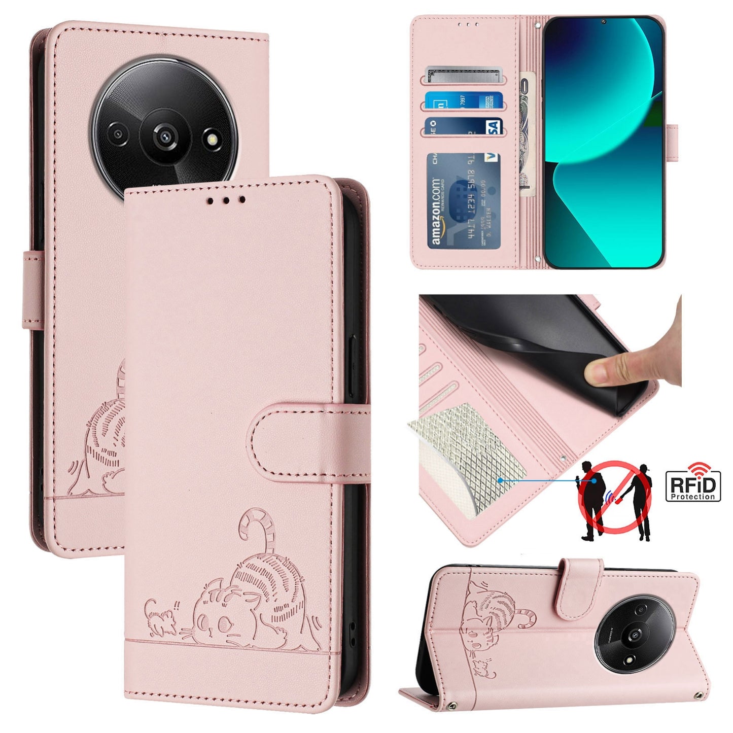 Xiaomi A3 4G Global Cat and Mouse Embossed PU Leather RFID Case with Wallet Slots, Anti-Fall Protection, Kickstand, and Lanyard-buycases.co.uk