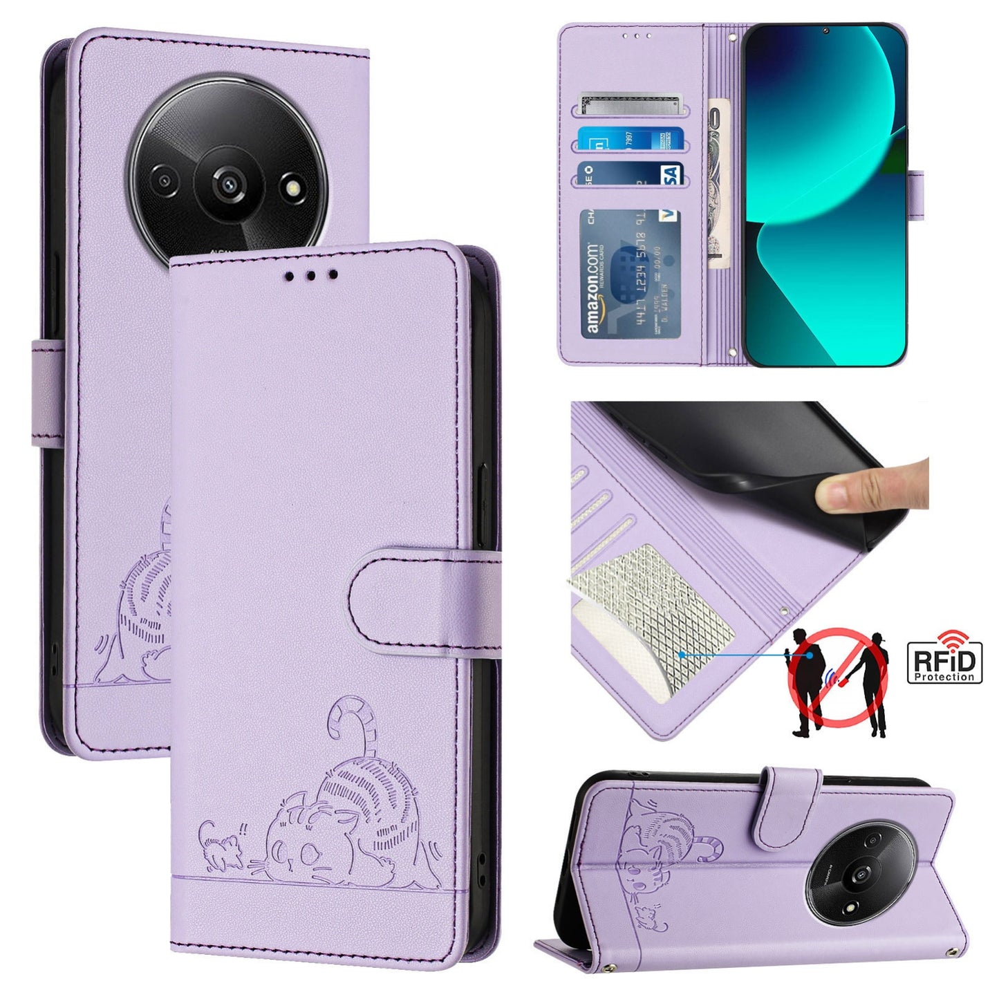 Xiaomi POCO C61 4G Global Cat and Mouse Embossed PU Leather RFID Case with Wallet Slots, Anti-Fall Protection, Kickstand, and Lanyard-buycases.co.uk