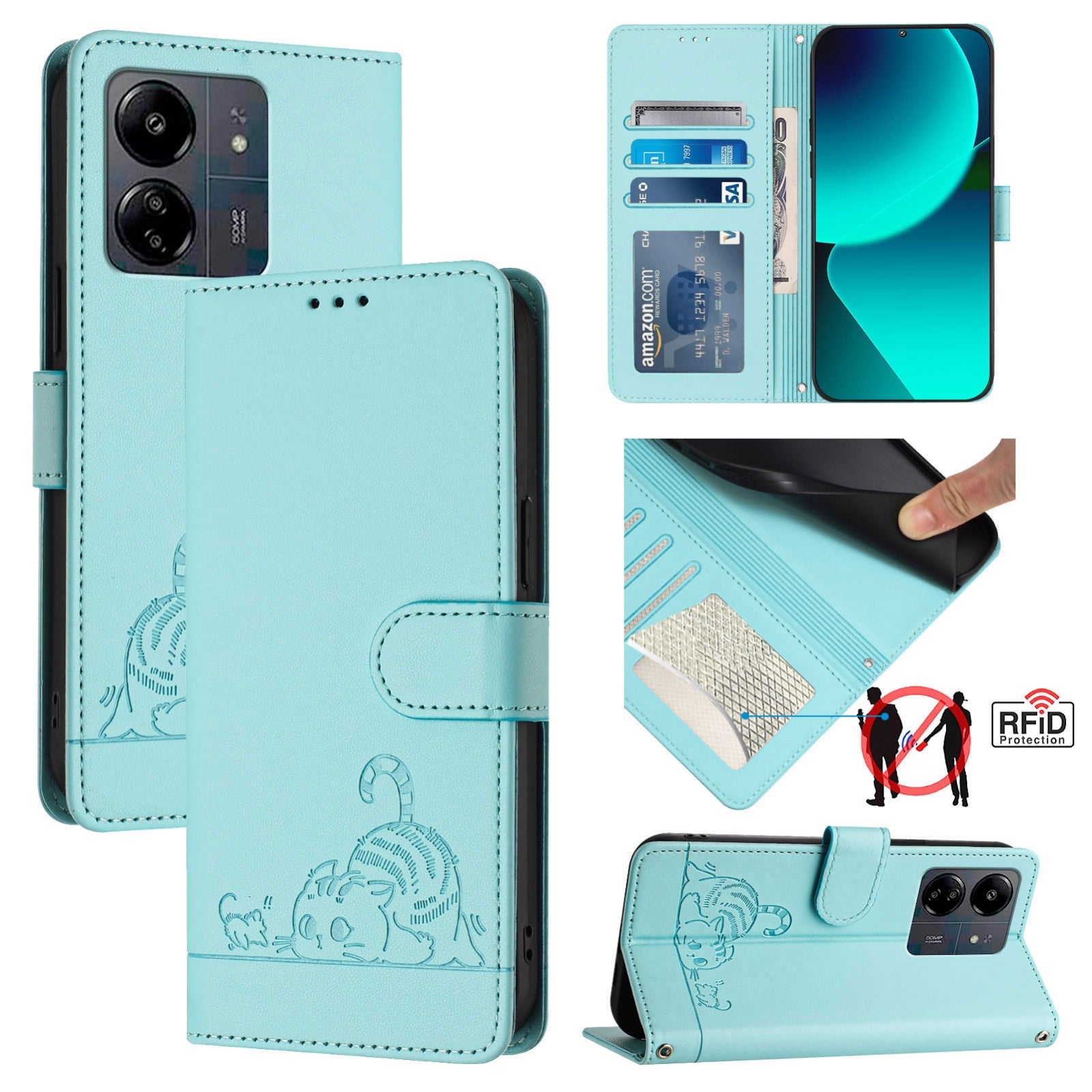 Xiaomi POCO C65 Global Cat and Mouse Embossed PU Leather RFID Case with Wallet Slots, Anti-Fall Protection, Kickstand, and Lanyard-buycases.co.uk
