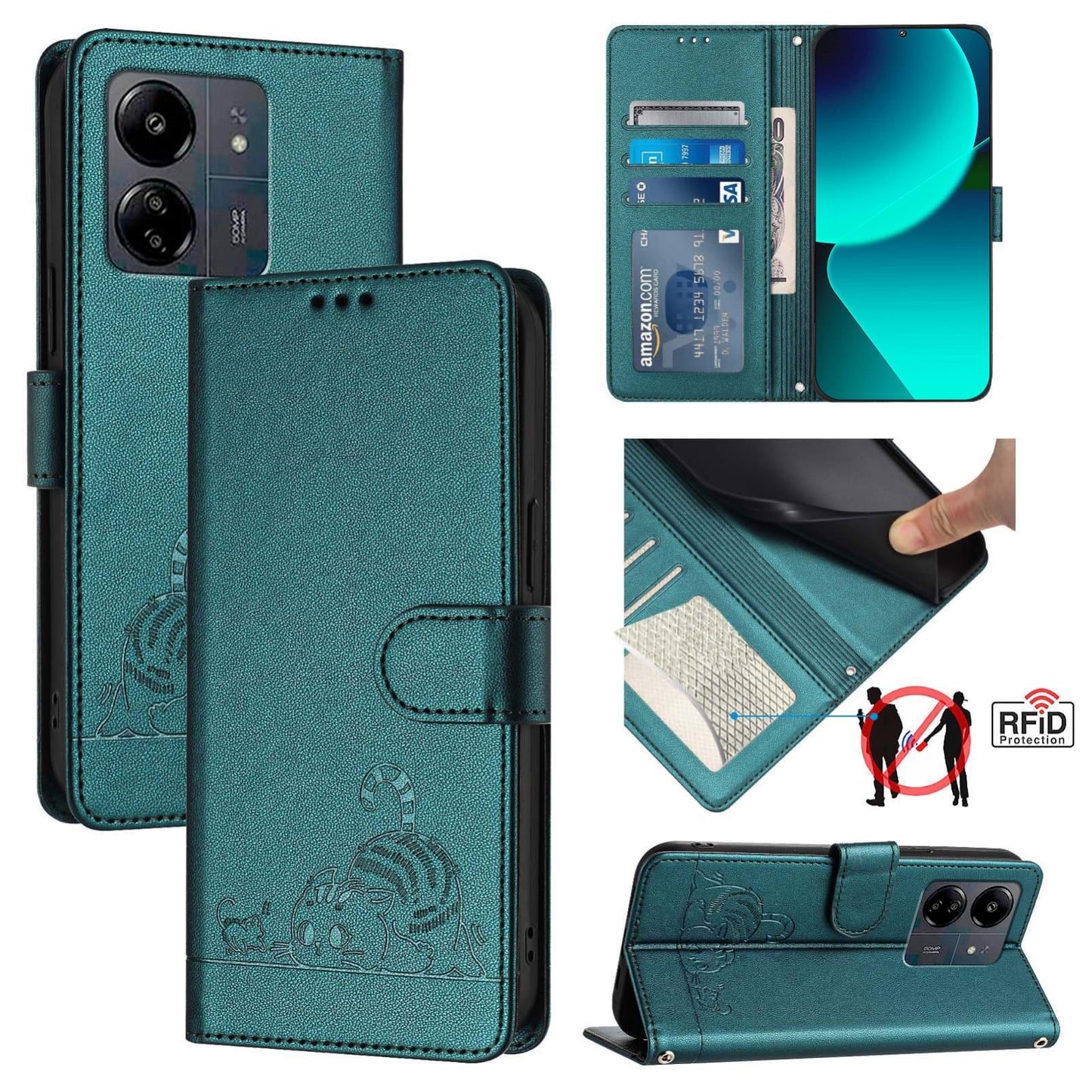 Xiaomi POCO C65 Global Cat and Mouse Embossed PU Leather RFID Case with Wallet Slots, Anti-Fall Protection, Kickstand, and Lanyard-buycases.co.uk