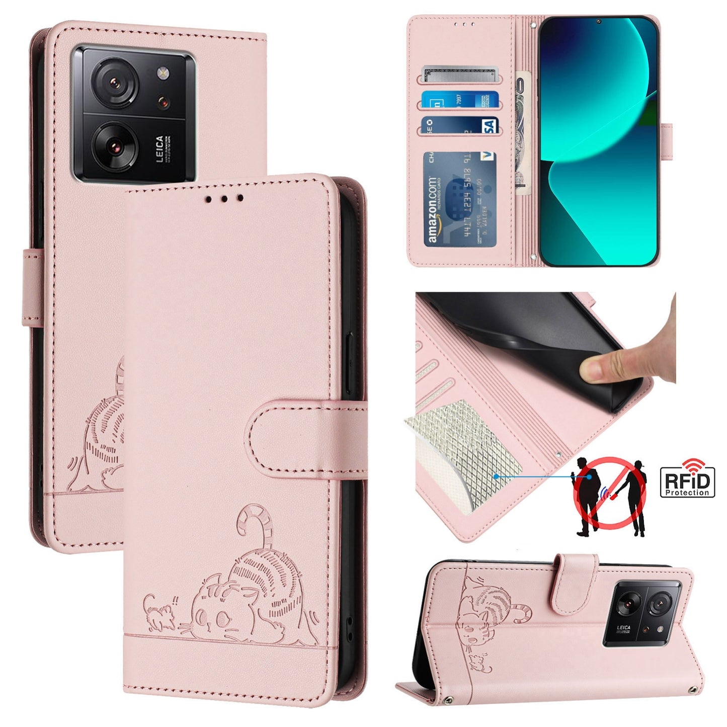 Xiaomi 13T 5G Global Cat and Mouse Embossed PU Leather RFID Case with Wallet Slots, Anti-Fall Protection, Kickstand, and Lanyard-buycases.co.uk