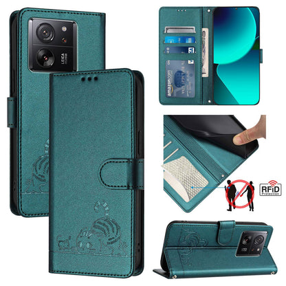 Xiaomi 13T 5G Global Cat and Mouse Embossed PU Leather RFID Case with Wallet Slots, Anti-Fall Protection, Kickstand, and Lanyard-buycases.co.uk