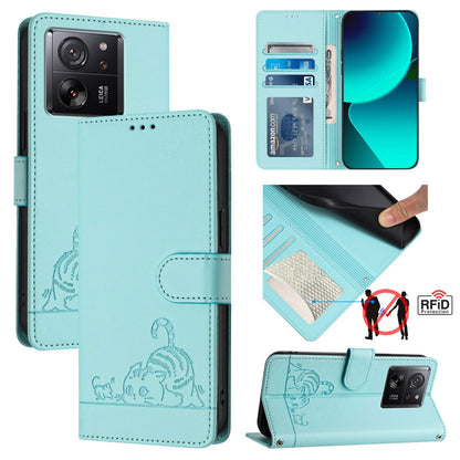 Xiaomi 13T Pro 5G Global Cat and Mouse Embossed PU Leather RFID Case with Wallet Slots, Anti-Fall Protection, Kickstand, and Lanyard-buycases.co.uk