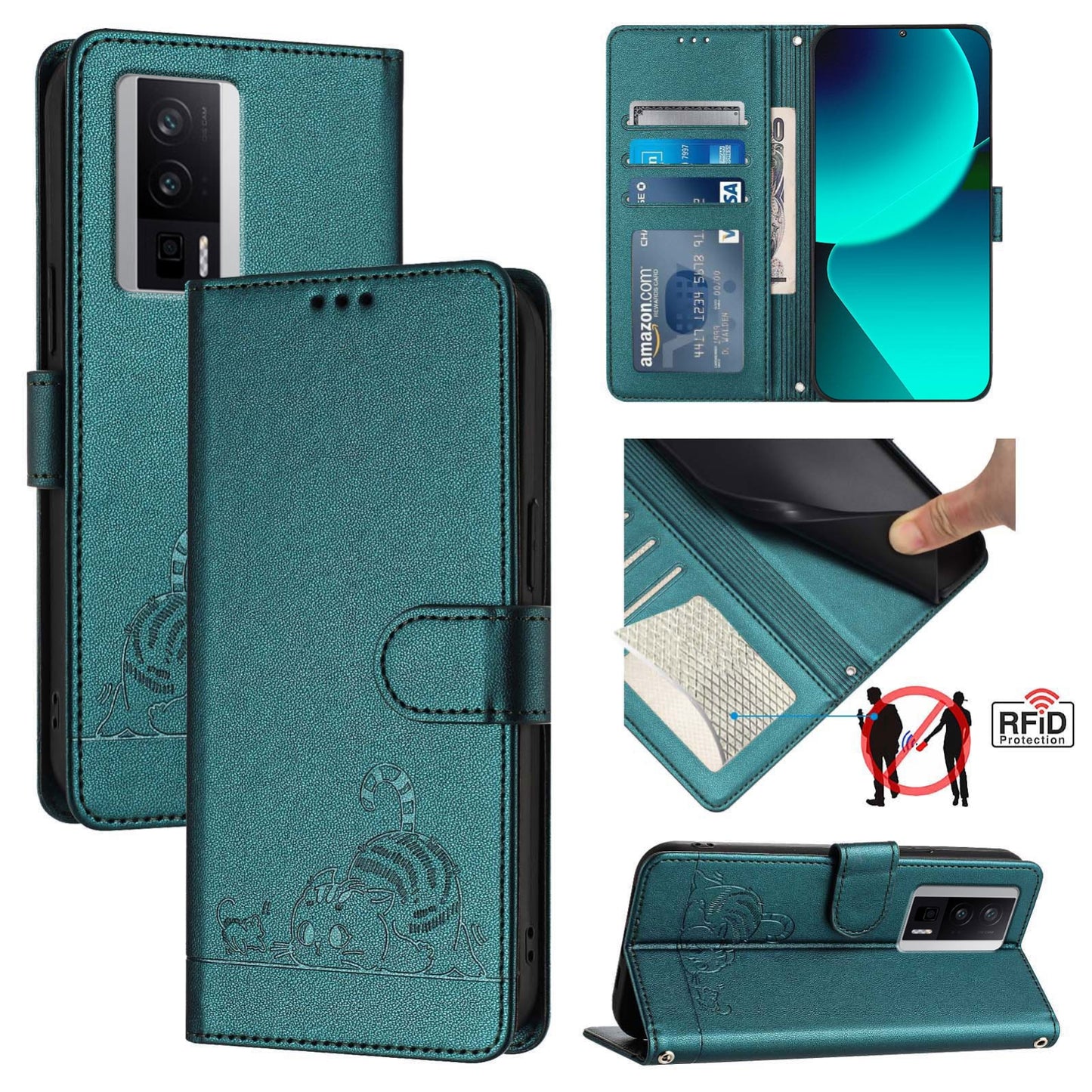 Xiaomi POCO F5 Pro Cat and Mouse Embossed PU Leather RFID Case with Wallet Slots, Anti-Fall Protection, Kickstand, and Lanyard-buycases.co.uk
