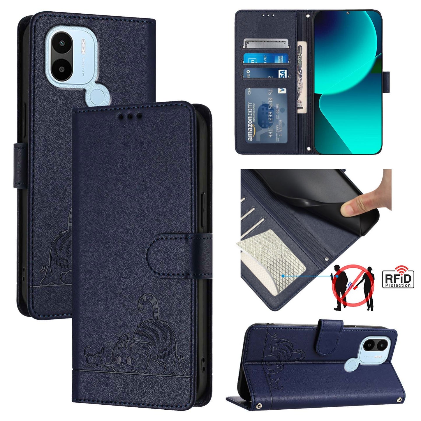 Xiaomi POCO C50 4G Cat and Mouse Embossed PU Leather RFID Case with Wallet Slots, Anti-Fall Protection, Kickstand, and Lanyard-buycases.co.uk