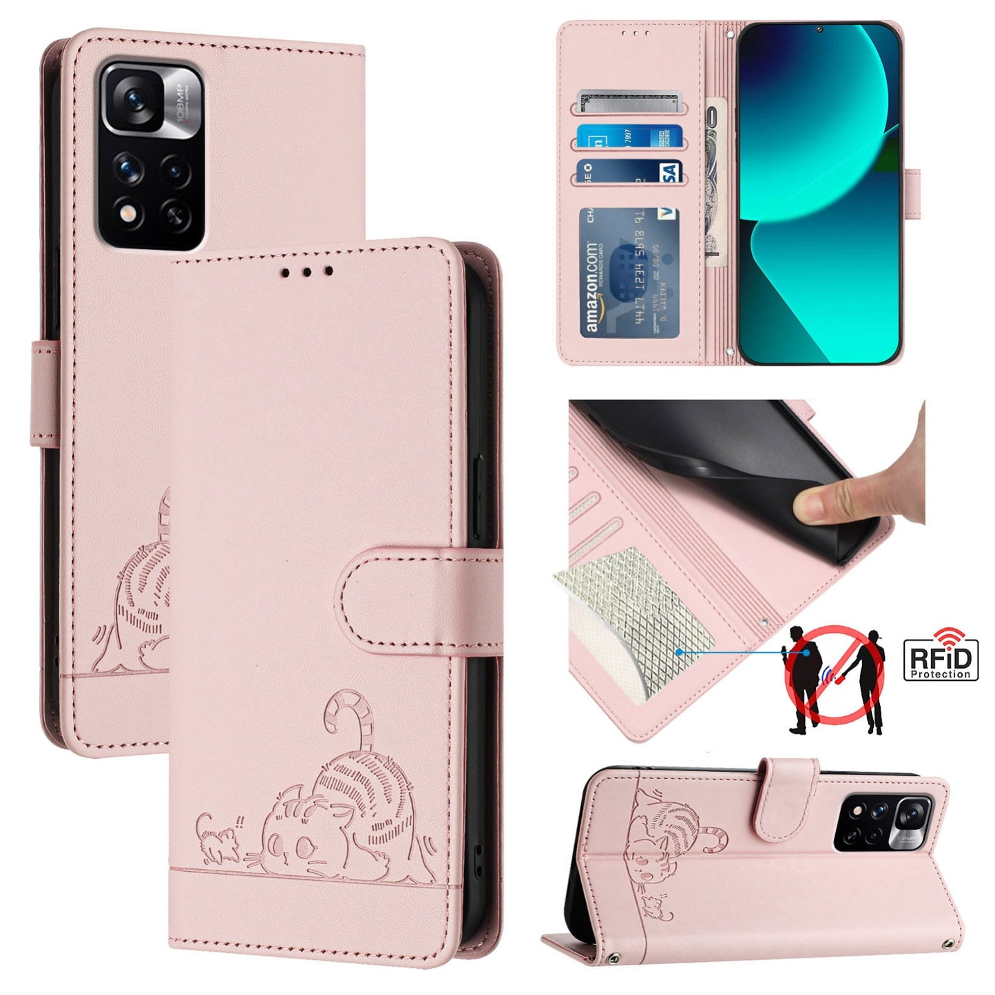 Xiaomi Redmi Note 12 Pro 4G Global Cat and Mouse Embossed PU Leather RFID Case with Wallet Slots, Anti-Fall Protection, Kickstand, and Lanyard-buycases.co.uk