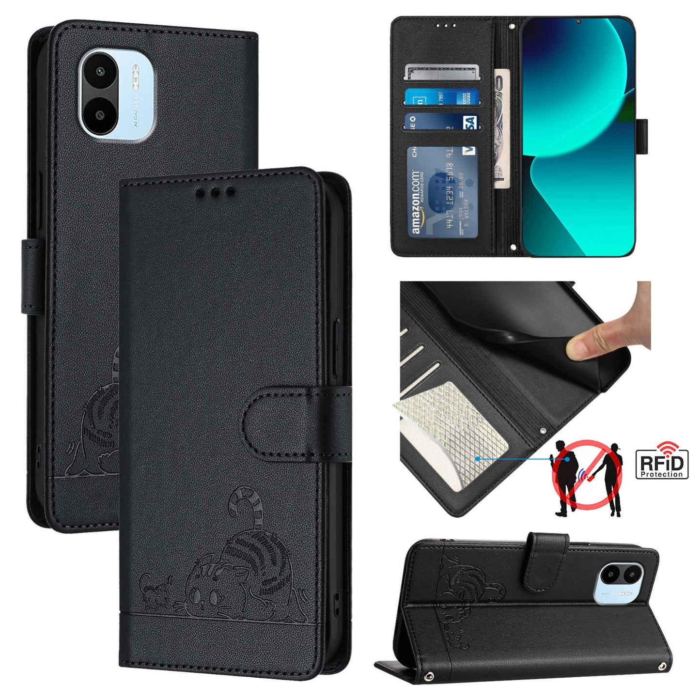 Xiaomi Redmi A1 4G Global Cat and Mouse Embossed PU Leather RFID Case with Wallet Slots, Anti-Fall Protection, Kickstand, and Lanyard-buycases.co.uk