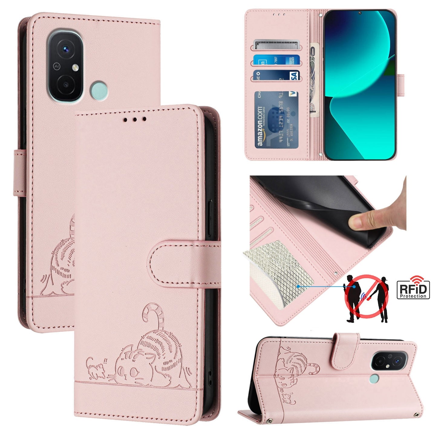 Xiaomi Redmi 11A Cat and Mouse Embossed PU Leather RFID Case with Wallet Slots, Anti-Fall Protection, Kickstand, and Lanyard-buycases.co.uk