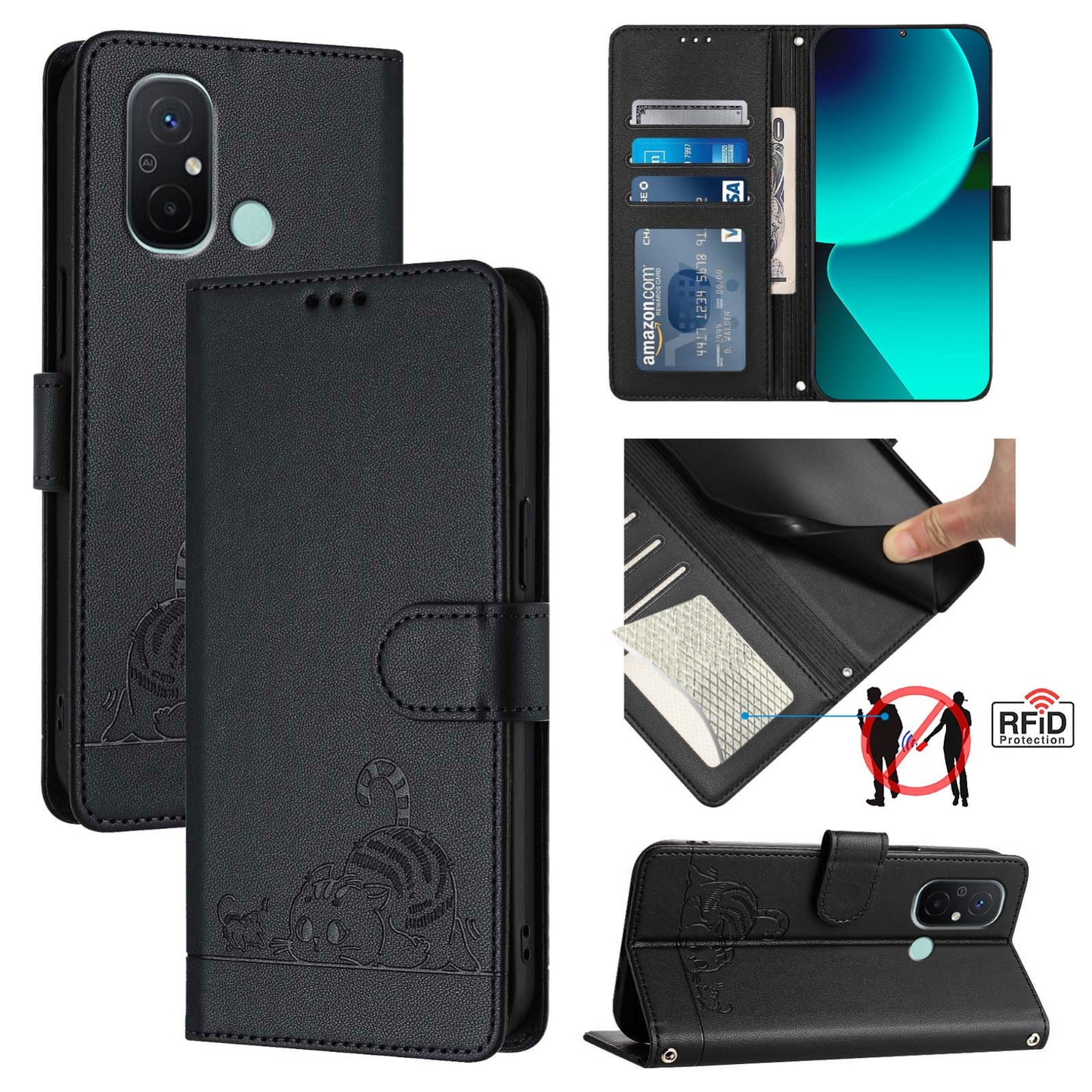 Xiaomi Redmi 11A Cat and Mouse Embossed PU Leather RFID Case with Wallet Slots, Anti-Fall Protection, Kickstand, and Lanyard-buycases.co.uk