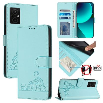 Xiaomi Redmi Note 11E 5G Cat and Mouse Embossed PU Leather RFID Case with Wallet Slots, Anti-Fall Protection, Kickstand, and Lanyard-buycases.co.uk