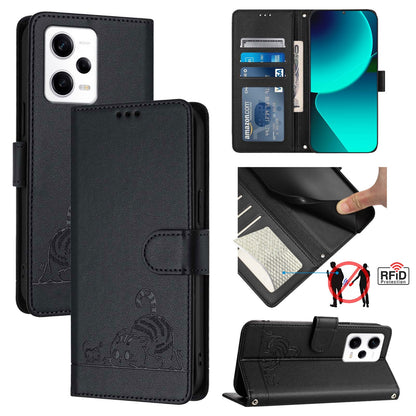 Xiaomi Redmi Note 12 Explorer Cat and Mouse Embossed PU Leather RFID Case with Wallet Slots, Anti-Fall Protection, Kickstand, and Lanyard-buycases.co.uk