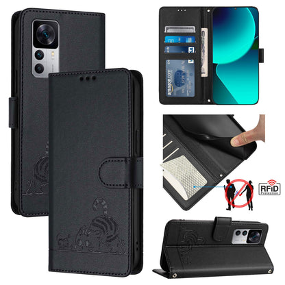 Xiaomi 12T Pro Cat and Mouse Embossed PU Leather RFID Case with Wallet Slots, Anti-Fall Protection, Kickstand, and Lanyard-buycases.co.uk