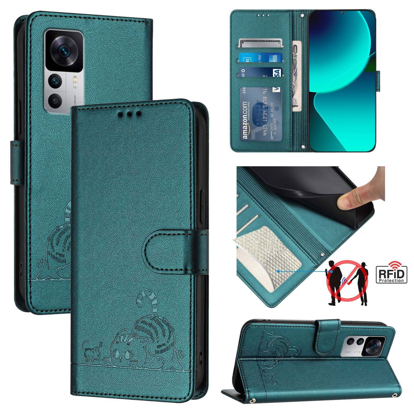 Xiaomi 12T Pro Cat and Mouse Embossed PU Leather RFID Case with Wallet Slots, Anti-Fall Protection, Kickstand, and Lanyard-buycases.co.uk