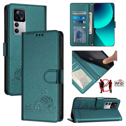 Xiaomi 12T Pro Cat and Mouse Embossed PU Leather RFID Case with Wallet Slots, Anti-Fall Protection, Kickstand, and Lanyard-buycases.co.uk
