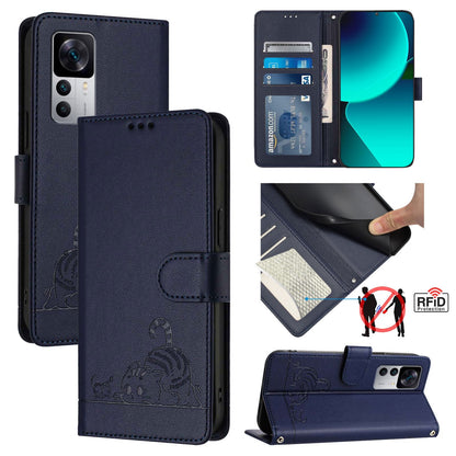 Xiaomi 12T Pro Cat and Mouse Embossed PU Leather RFID Case with Wallet Slots, Anti-Fall Protection, Kickstand, and Lanyard-buycases.co.uk