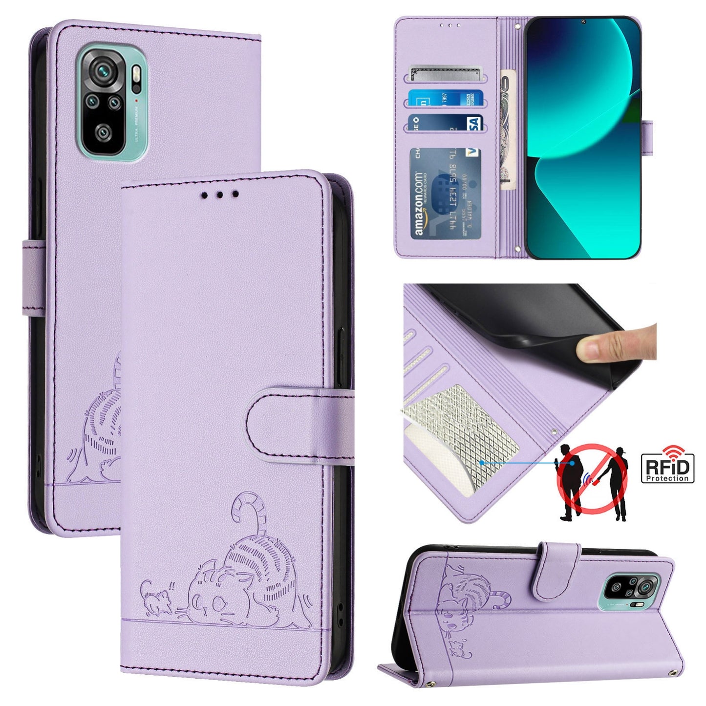 Xiaomi POCO M5S 4G Cat and Mouse Embossed PU Leather RFID Case with Wallet Slots, Anti-Fall Protection, Kickstand, and Lanyard-buycases.co.uk