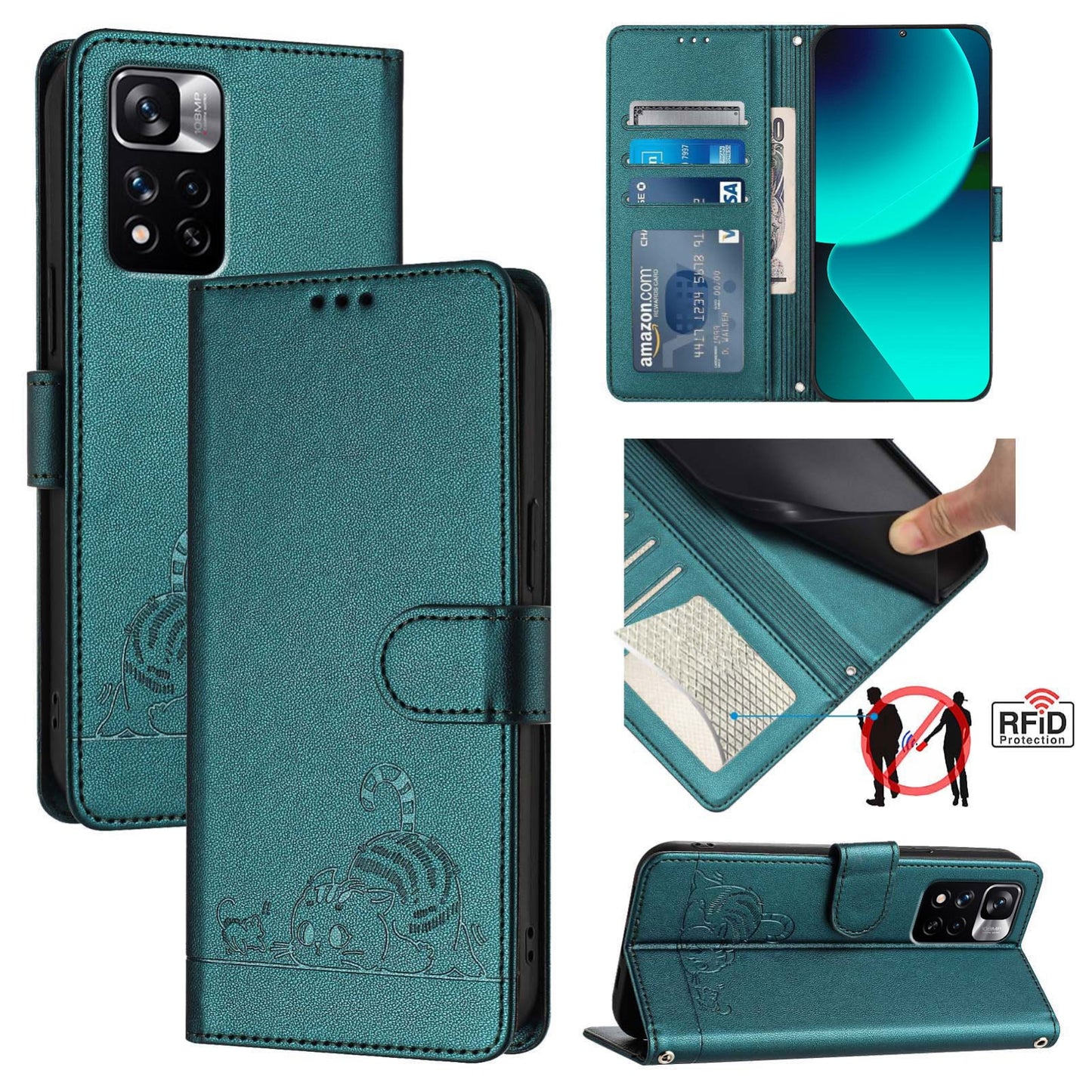 Xiaomi Redmi Note 11 Pro 4G Global Cat and Mouse Embossed PU Leather RFID Case with Wallet Slots, Anti-Fall Protection, Kickstand, and Lanyard-buycases.co.uk