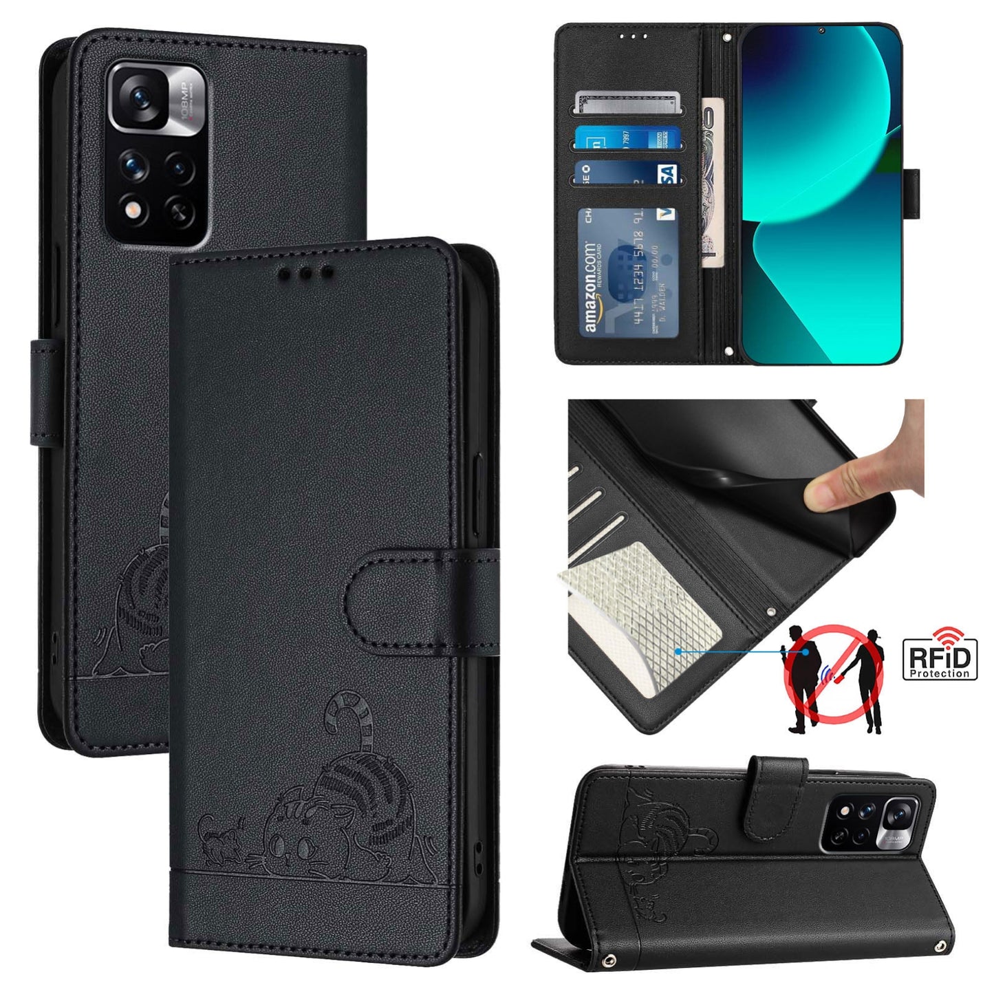 Xiaomi POCO X4 NFC 5G Cat and Mouse Embossed PU Leather RFID Case with Wallet Slots, Anti-Fall Protection, Kickstand, and Lanyard-buycases.co.uk