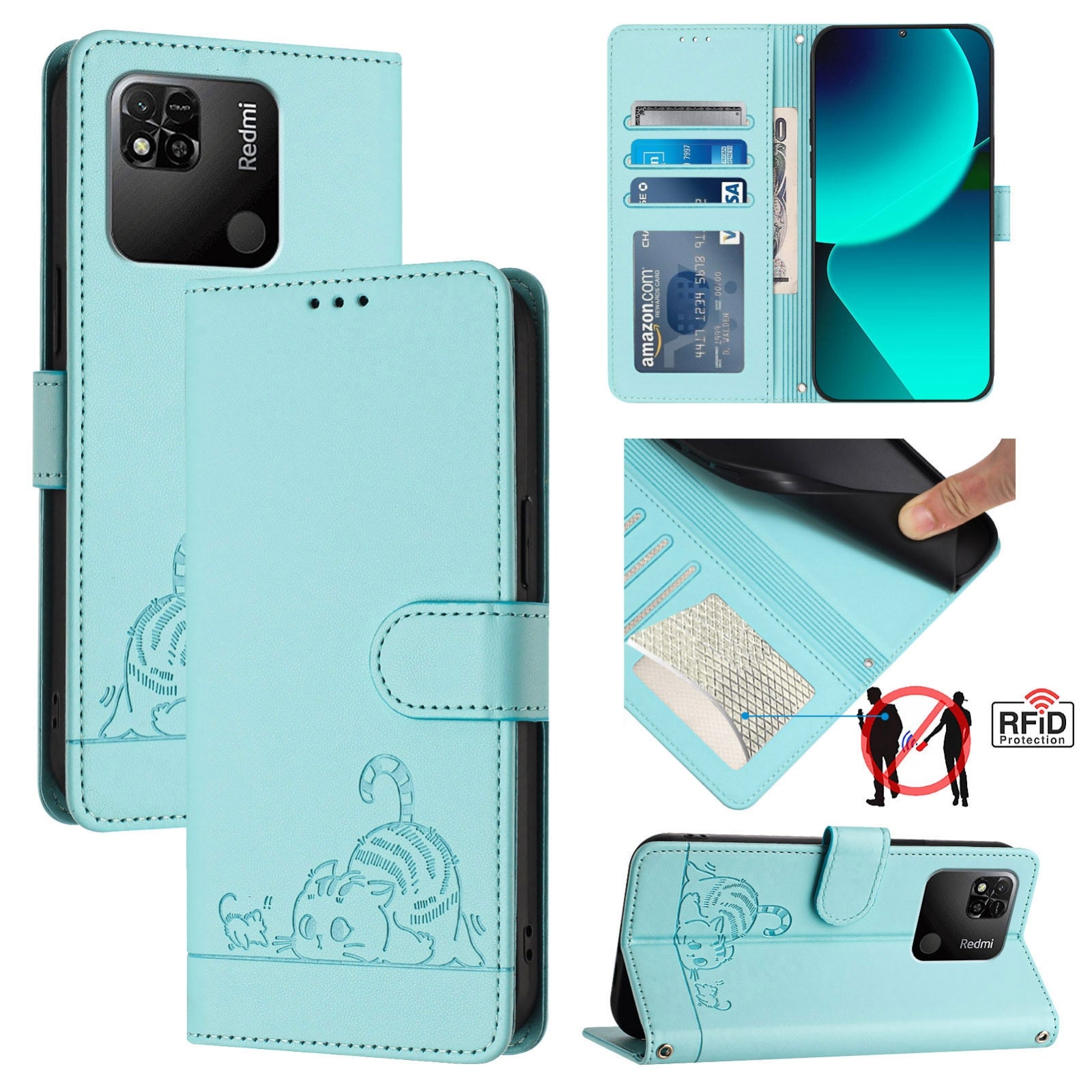 Xiaomi Redmi 10A Cat and Mouse Embossed PU Leather RFID Case with Wallet Slots, Anti-Fall Protection, Kickstand, and Lanyard-buycases.co.uk