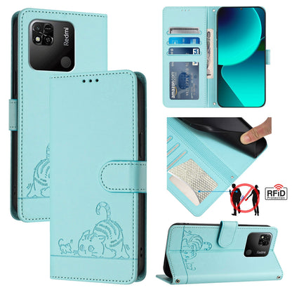 Xiaomi Redmi 10A Cat and Mouse Embossed PU Leather RFID Case with Wallet Slots, Anti-Fall Protection, Kickstand, and Lanyard-buycases.co.uk