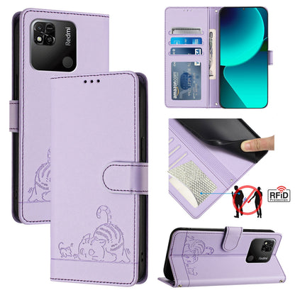 Xiaomi Redmi 10A Cat and Mouse Embossed PU Leather RFID Case with Wallet Slots, Anti-Fall Protection, Kickstand, and Lanyard-buycases.co.uk