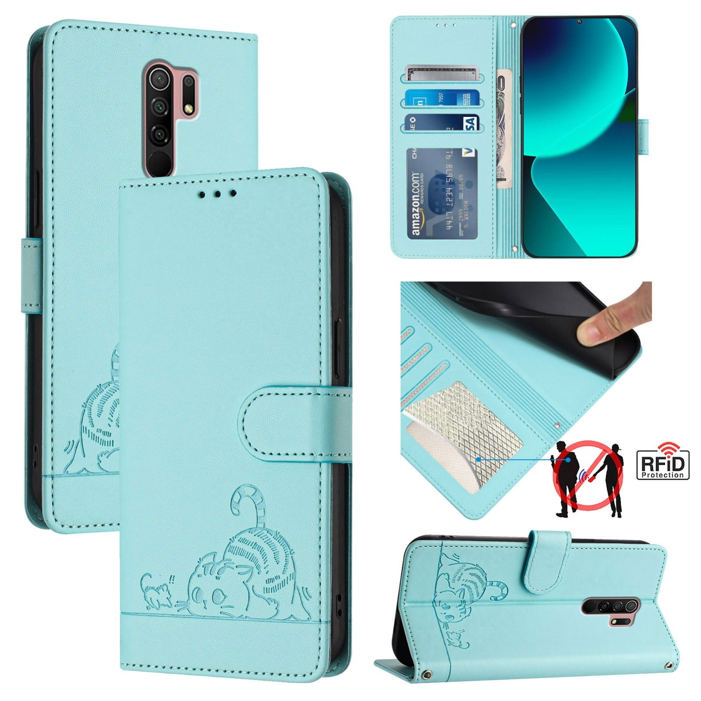 Xiaomi Redmi 9 Prime India Cat and Mouse Embossed PU Leather RFID Case with Wallet Slots, Anti-Fall Protection, Kickstand, and Lanyard-buycases.co.uk
