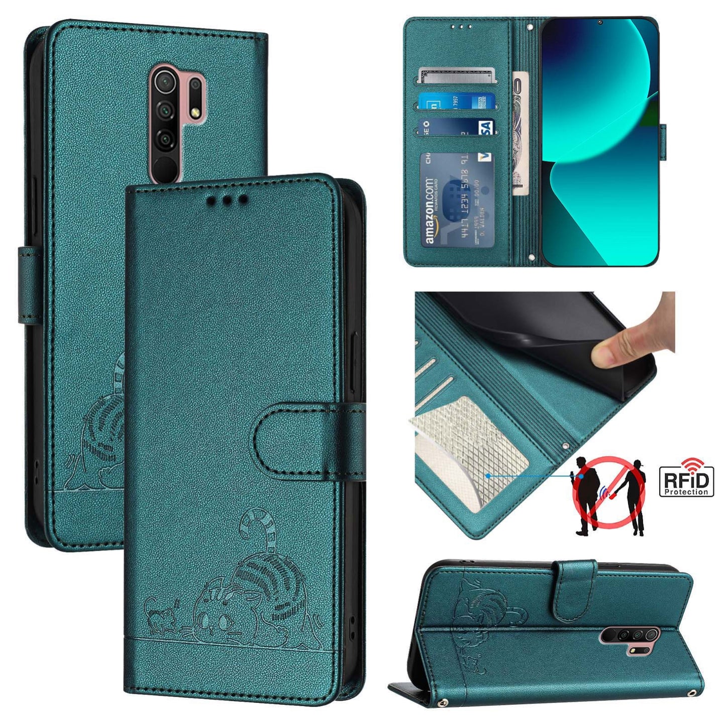 Xiaomi Redmi 9 Prime India Cat and Mouse Embossed PU Leather RFID Case with Wallet Slots, Anti-Fall Protection, Kickstand, and Lanyard-buycases.co.uk