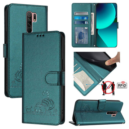 Xiaomi Redmi 9 Prime India Cat and Mouse Embossed PU Leather RFID Case with Wallet Slots, Anti-Fall Protection, Kickstand, and Lanyard-buycases.co.uk