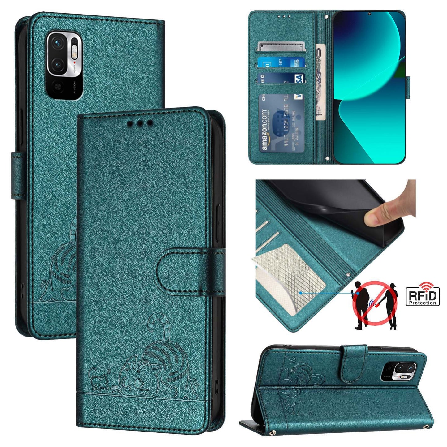 Xiaomi POCO M3 Pro Cat and Mouse Embossed PU Leather RFID Case with Wallet Slots, Anti-Fall Protection, Kickstand, and Lanyard-buycases.co.uk