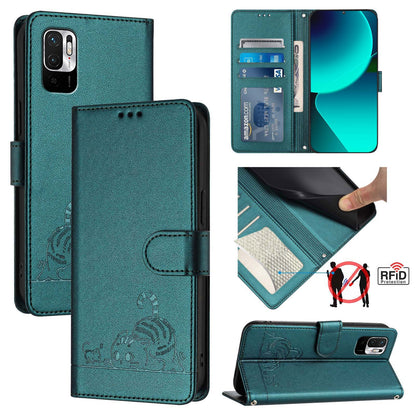 Xiaomi Redmi Note 10T 5G Cat and Mouse Embossed PU Leather RFID Case with Wallet Slots, Anti-Fall Protection, Kickstand, and Lanyard-buycases.co.uk