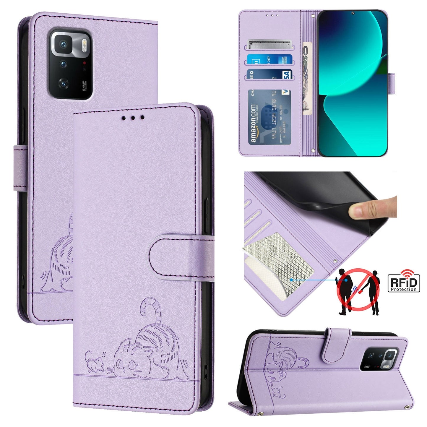 Xiaomi POCO X3 GT Cat and Mouse Embossed PU Leather RFID Case with Wallet Slots, Anti-Fall Protection, Kickstand, and Lanyard-buycases.co.uk