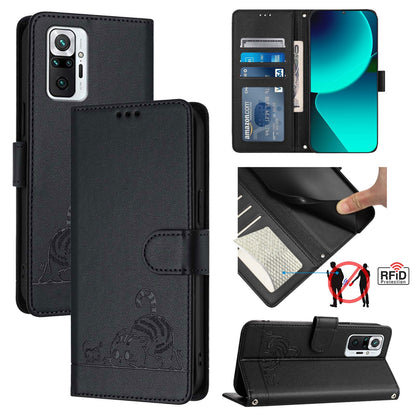 Xiaomi Redmi Note 10 Pro India Cat and Mouse Embossed PU Leather RFID Case with Wallet Slots, Anti-Fall Protection, Kickstand, and Lanyard-buycases.co.uk