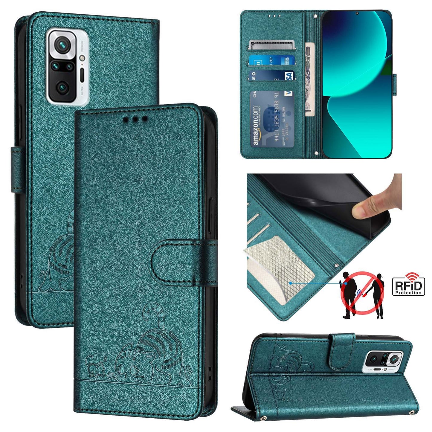 Xiaomi Redmi Note 10 Pro India Cat and Mouse Embossed PU Leather RFID Case with Wallet Slots, Anti-Fall Protection, Kickstand, and Lanyard-buycases.co.uk