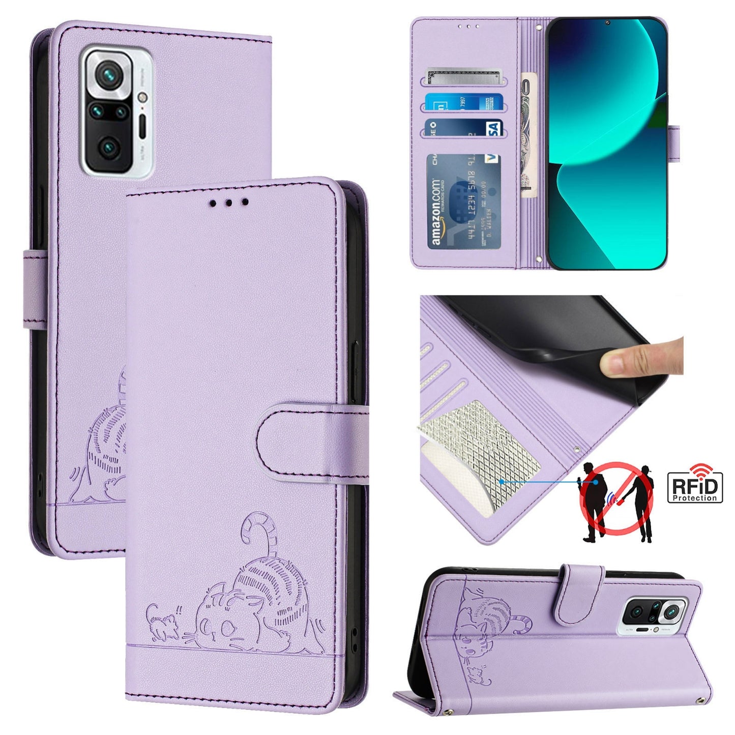 Xiaomi Redmi Note 10 Pro India Cat and Mouse Embossed PU Leather RFID Case with Wallet Slots, Anti-Fall Protection, Kickstand, and Lanyard-buycases.co.uk