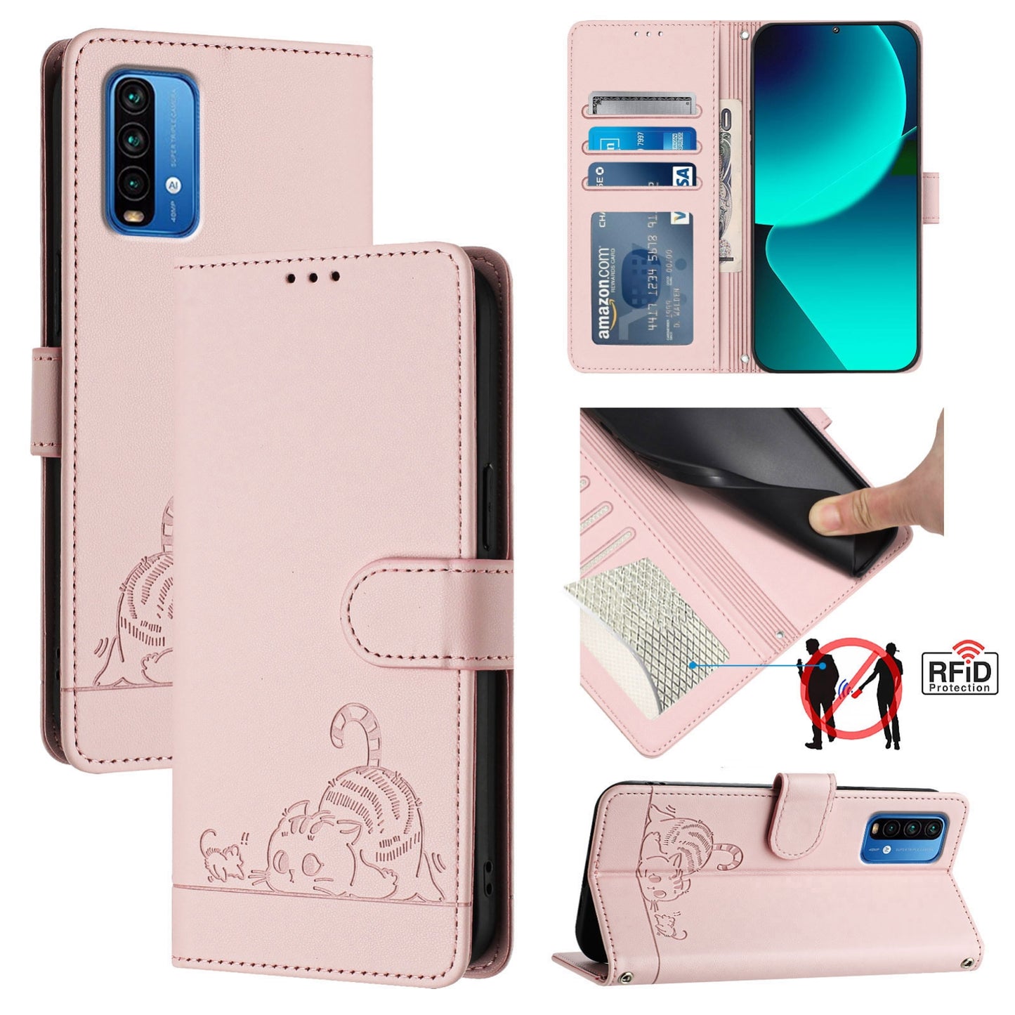 Xiaomi Redmi 9 Power Cat and Mouse Embossed PU Leather RFID Case with Wallet Slots, Anti-Fall Protection, Kickstand, and Lanyard-buycases.co.uk