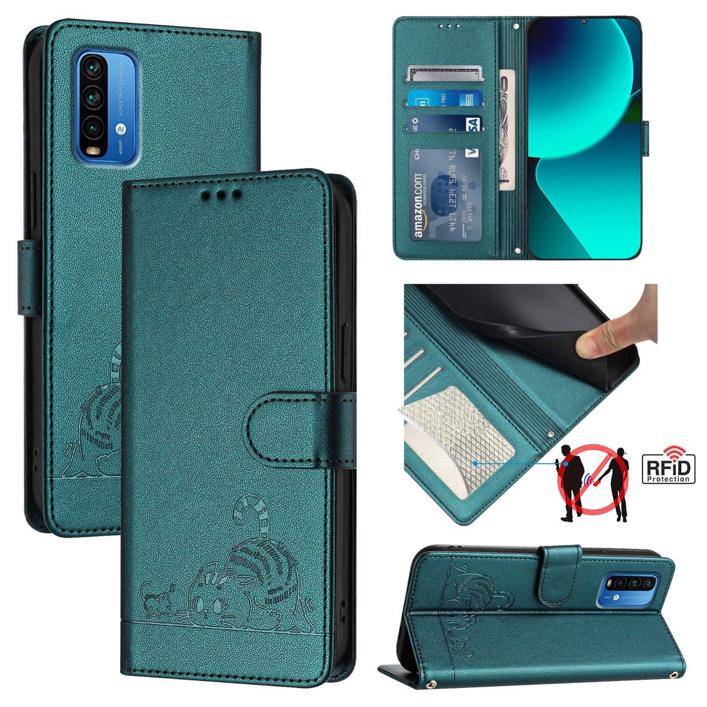Xiaomi Redmi 9 Power Cat and Mouse Embossed PU Leather RFID Case with Wallet Slots, Anti-Fall Protection, Kickstand, and Lanyard-buycases.co.uk