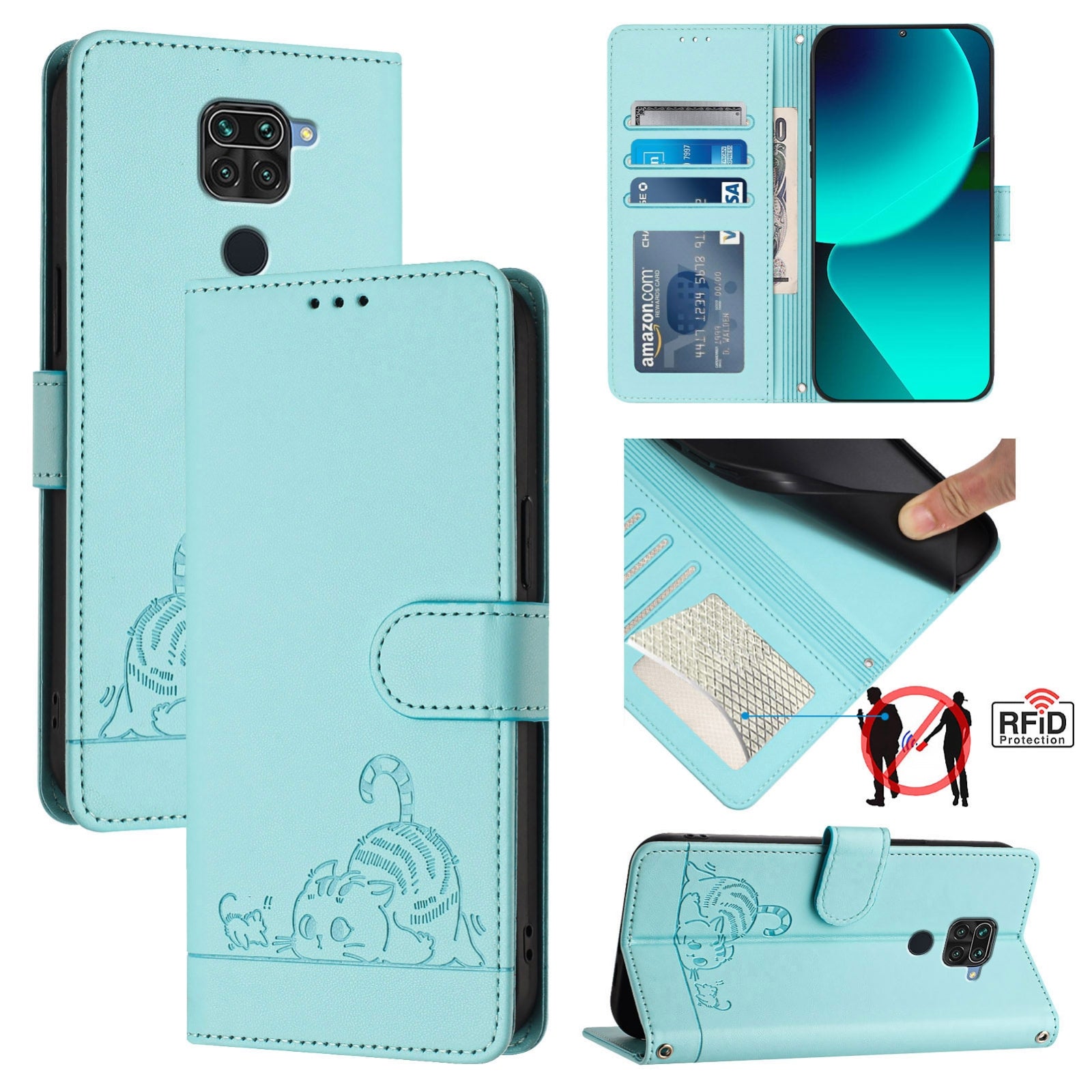 Xiaomi Redmi 10X 4G Cat and Mouse Embossed PU Leather RFID Case with Wallet Slots, Anti-Fall Protection, Kickstand, and Lanyard-buycases.co.uk