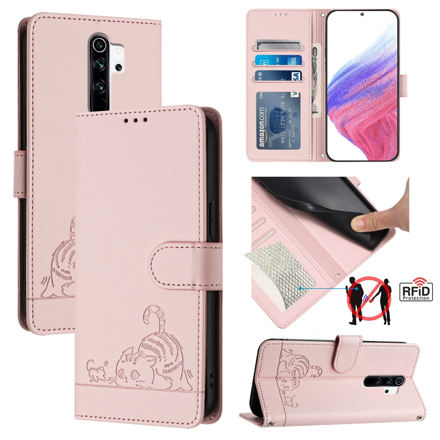 Xiaomi Redmi Note 8 Pro Cat and Mouse Embossed PU Leather RFID Case with Wallet Slots, Anti-Fall Protection, Kickstand, and Lanyard-buycases.co.uk
