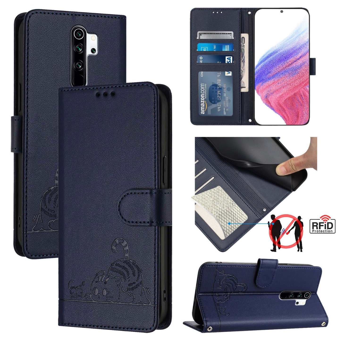 Xiaomi Redmi Note 8 Pro Cat and Mouse Embossed PU Leather RFID Case with Wallet Slots, Anti-Fall Protection, Kickstand, and Lanyard-buycases.co.uk