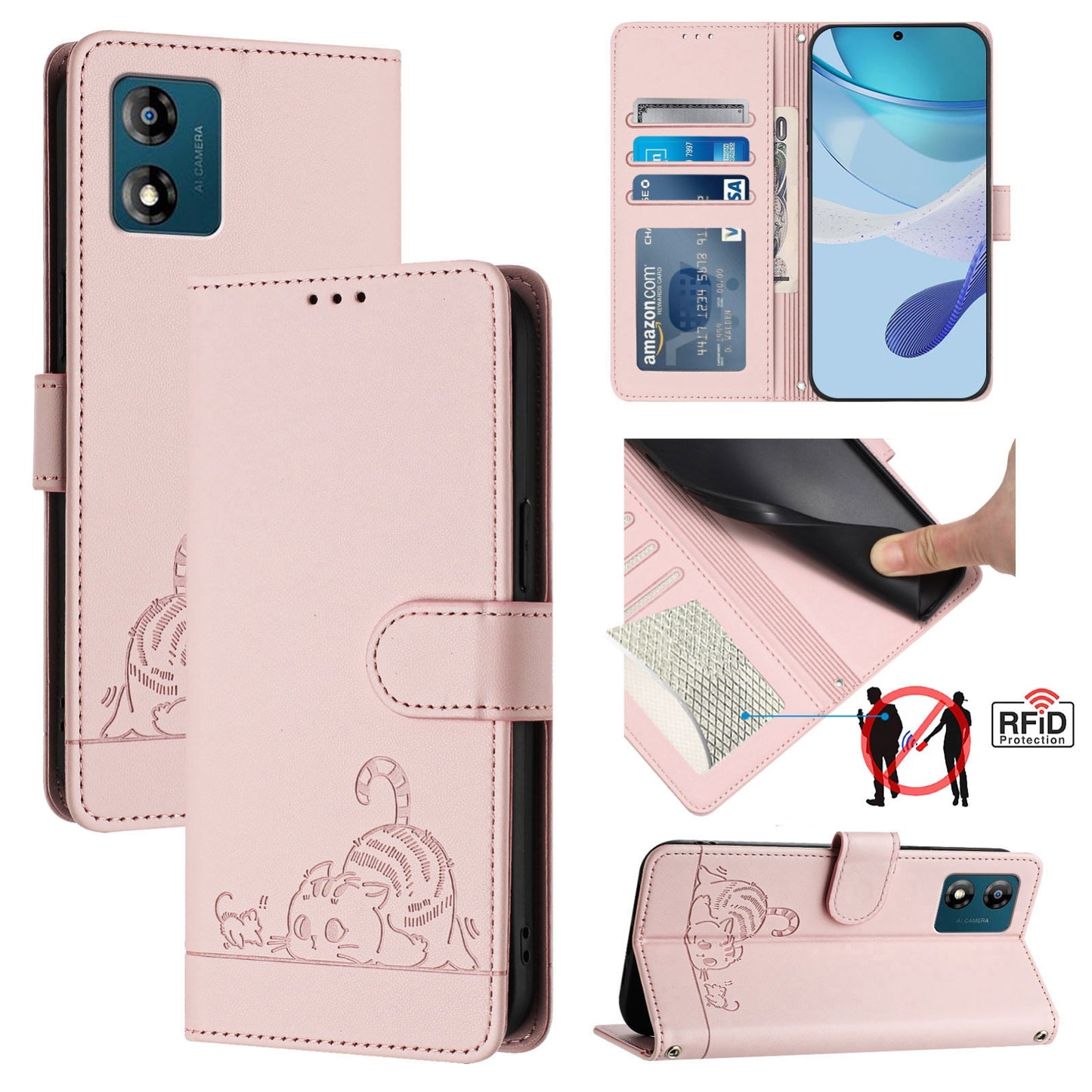 Motorola Moto E13 4G Cat and Mouse Embossed PU Leather RFID Case with Wallet Slots, Anti-Fall Protection, Kickstand, and Lanyard-buycases.co.uk
