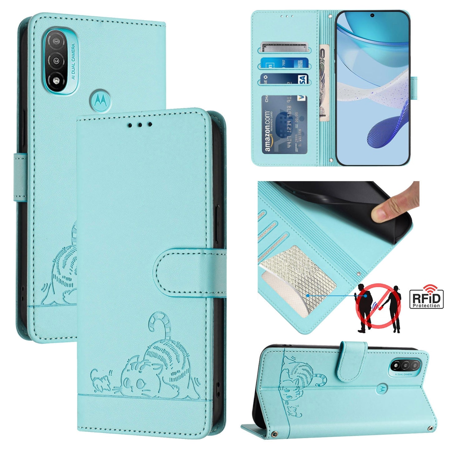 Motorola Moto E40 Cat and Mouse Embossed PU Leather RFID Case with Wallet Slots, Anti-Fall Protection, Kickstand, and Lanyard-buycases.co.uk