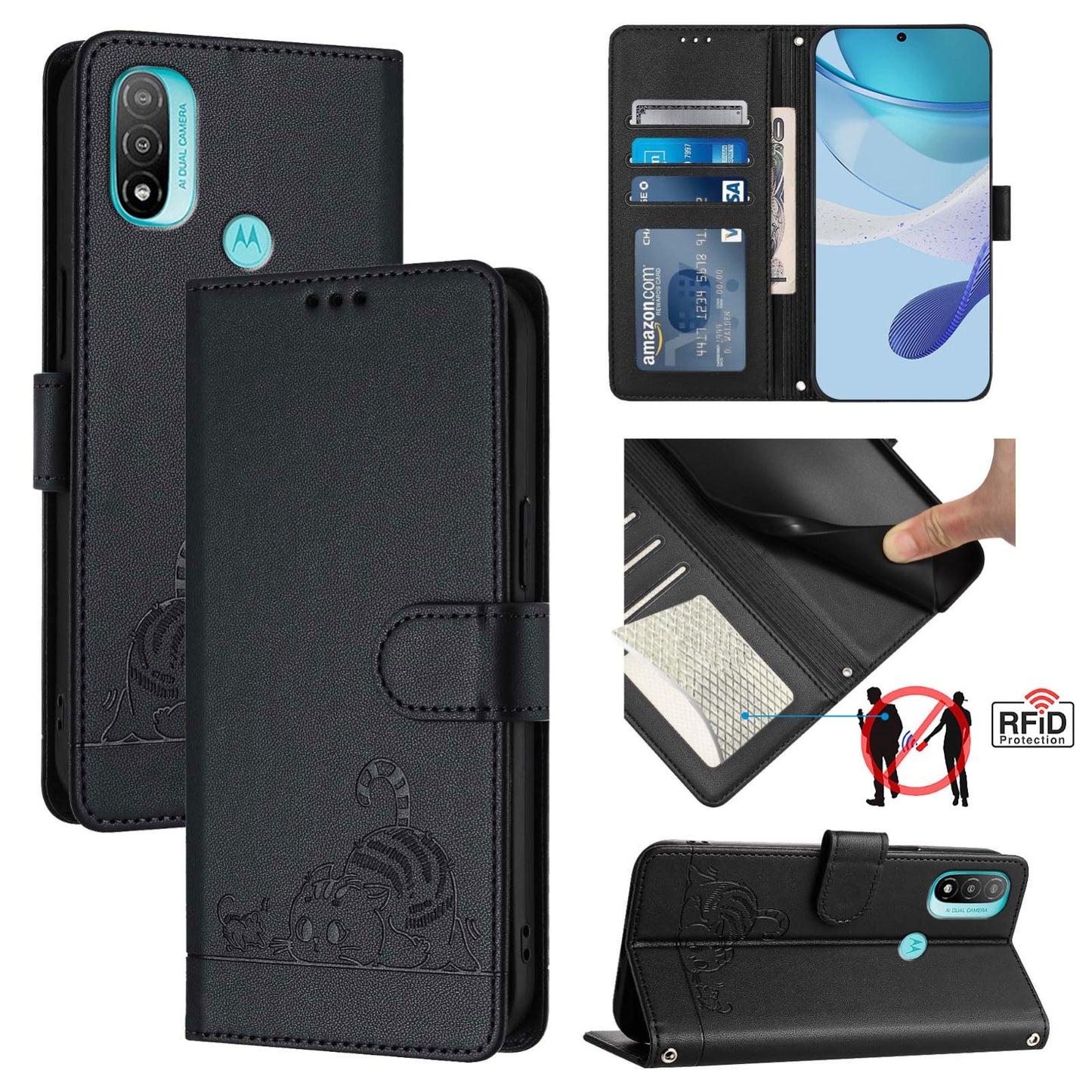 Motorola Moto E20 Cat and Mouse Embossed PU Leather RFID Case with Wallet Slots, Anti-Fall Protection, Kickstand, and Lanyard-buycases.co.uk