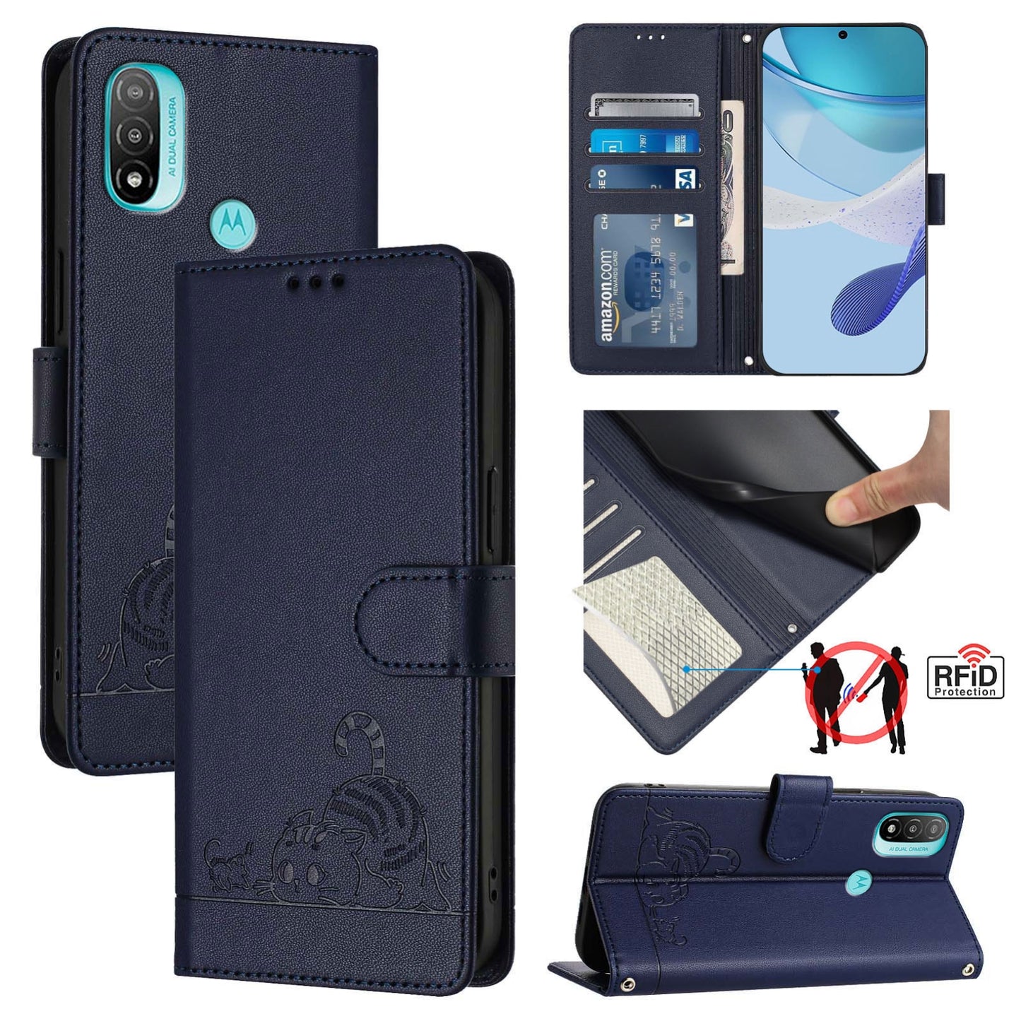 Motorola Moto E30 Cat and Mouse Embossed PU Leather RFID Case with Wallet Slots, Anti-Fall Protection, Kickstand, and Lanyard-buycases.co.uk
