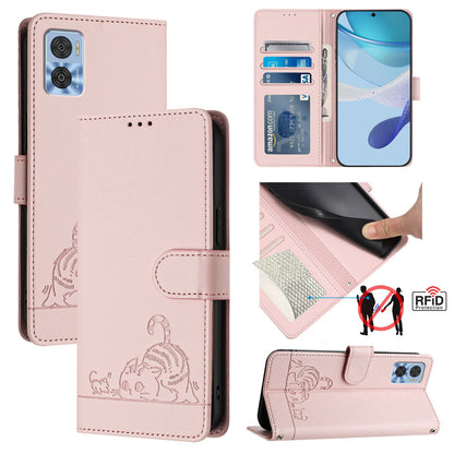 Motorola Moto E22 4G Cat and Mouse Embossed PU Leather RFID Case with Wallet Slots, Anti-Fall Protection, Kickstand, and Lanyard-buycases.co.uk