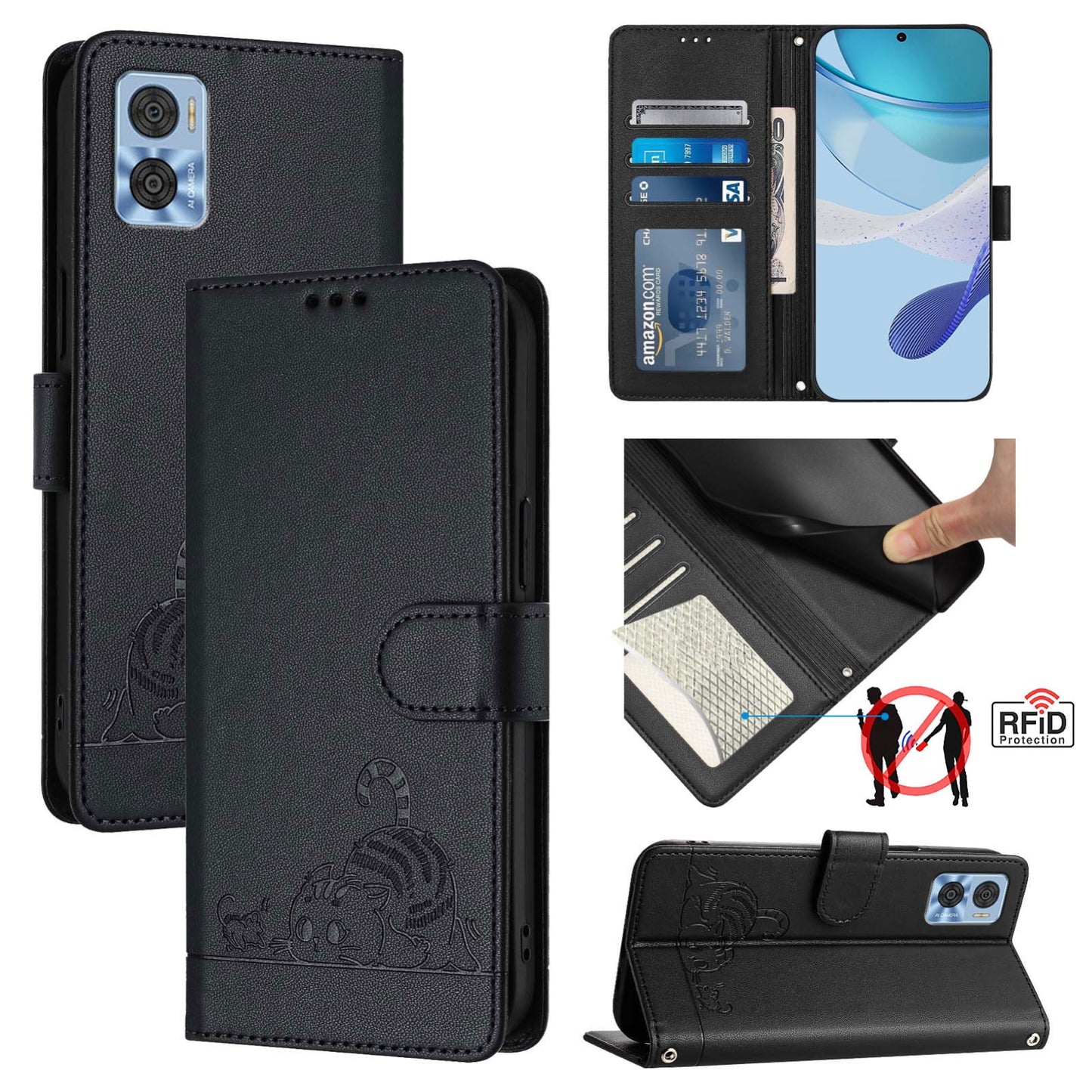 Motorola Moto E22 4G Cat and Mouse Embossed PU Leather RFID Case with Wallet Slots, Anti-Fall Protection, Kickstand, and Lanyard-buycases.co.uk