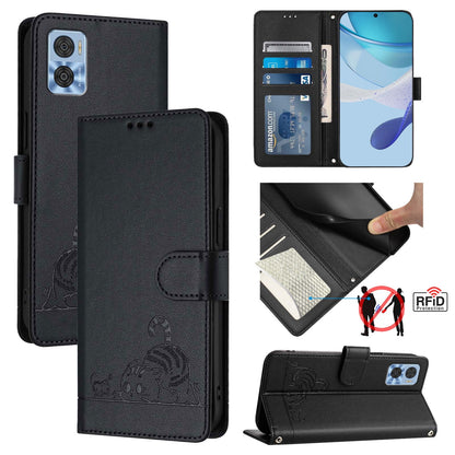 Motorola Moto E22 4G Cat and Mouse Embossed PU Leather RFID Case with Wallet Slots, Anti-Fall Protection, Kickstand, and Lanyard-buycases.co.uk
